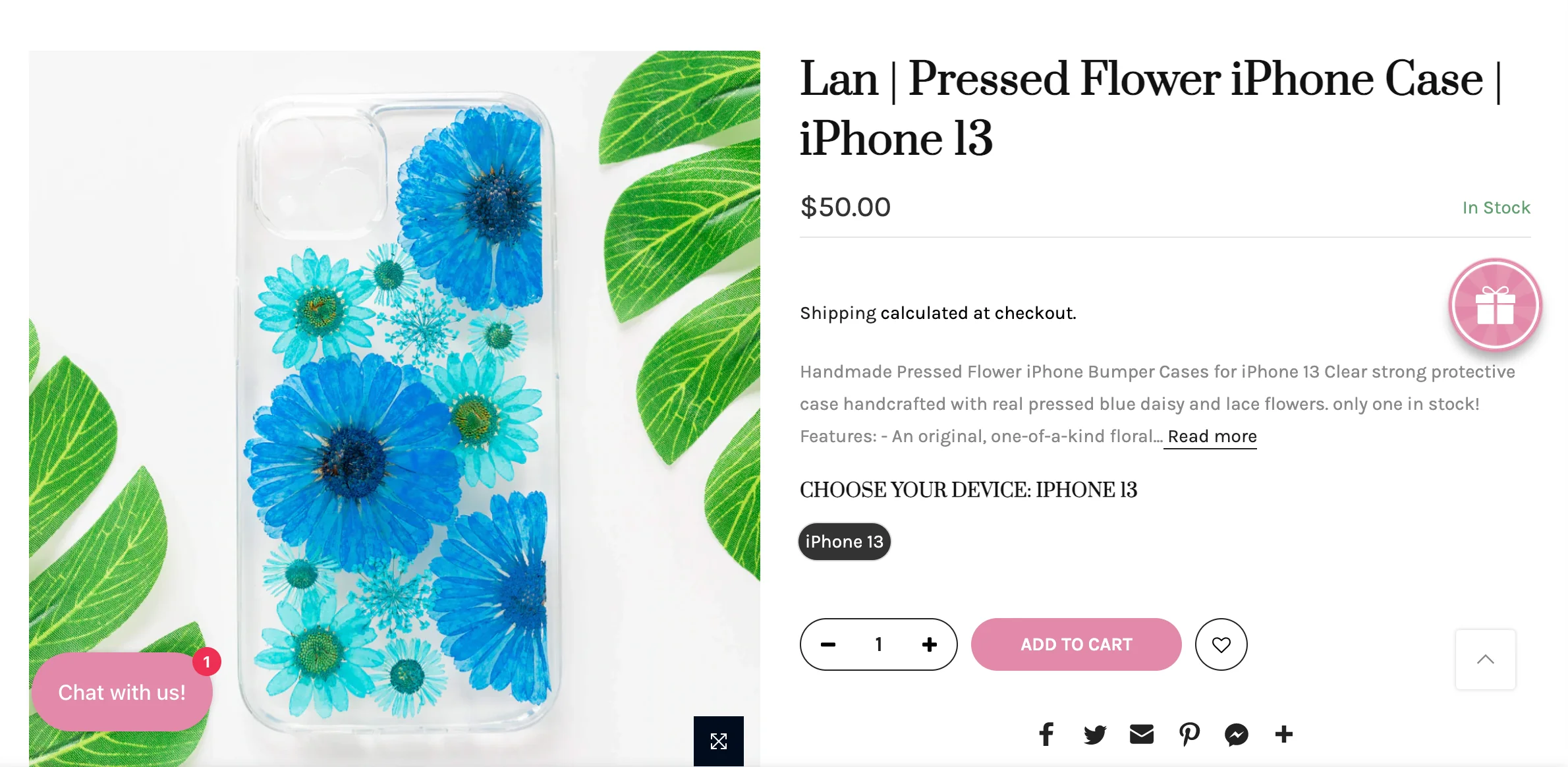 Etsy product page showing a clear iPhone 13 case with pressed blue flowers and green leaves.