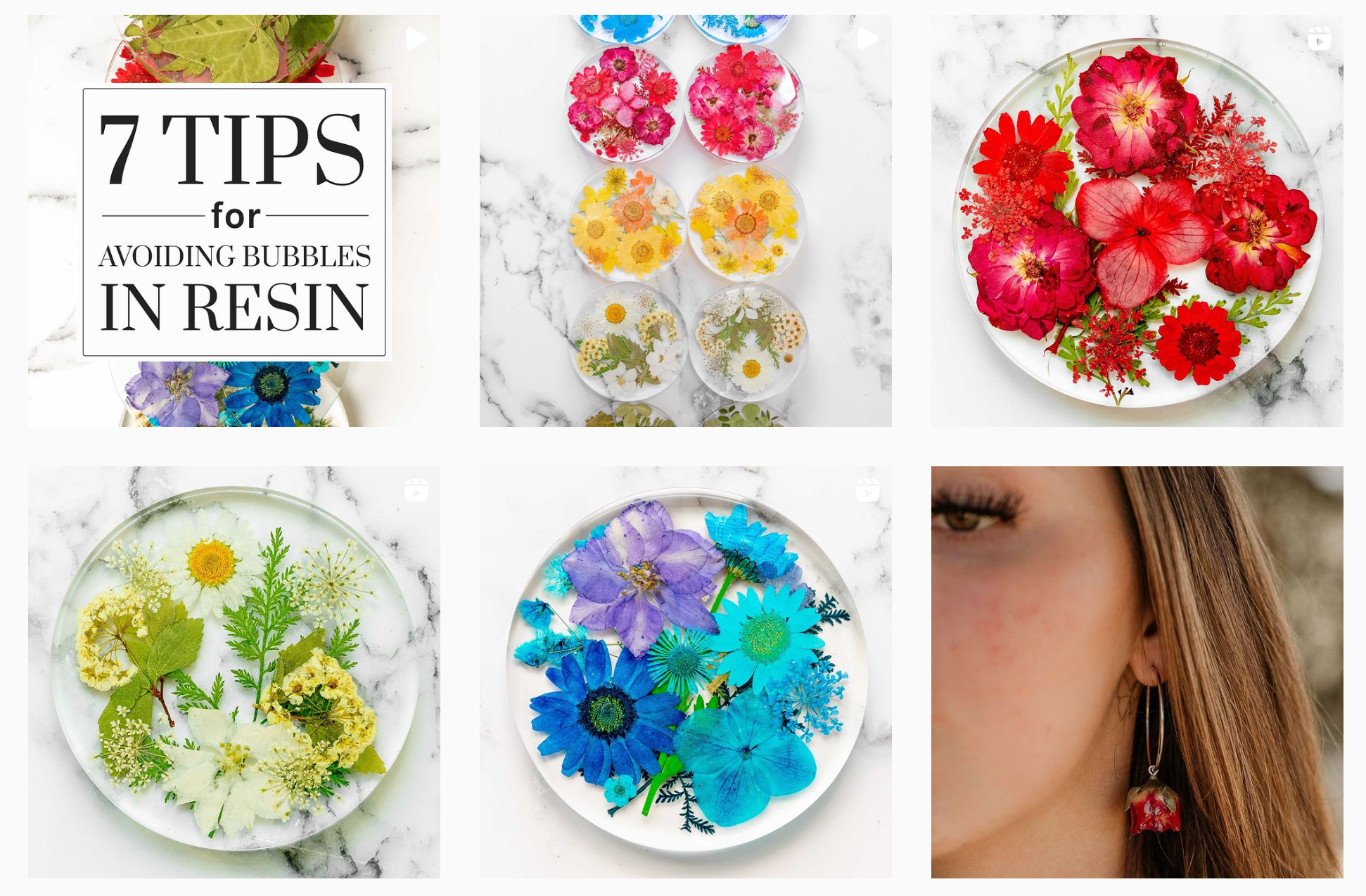Instagram grid showing colorful resin art with pressed flowers and a red flower earring.