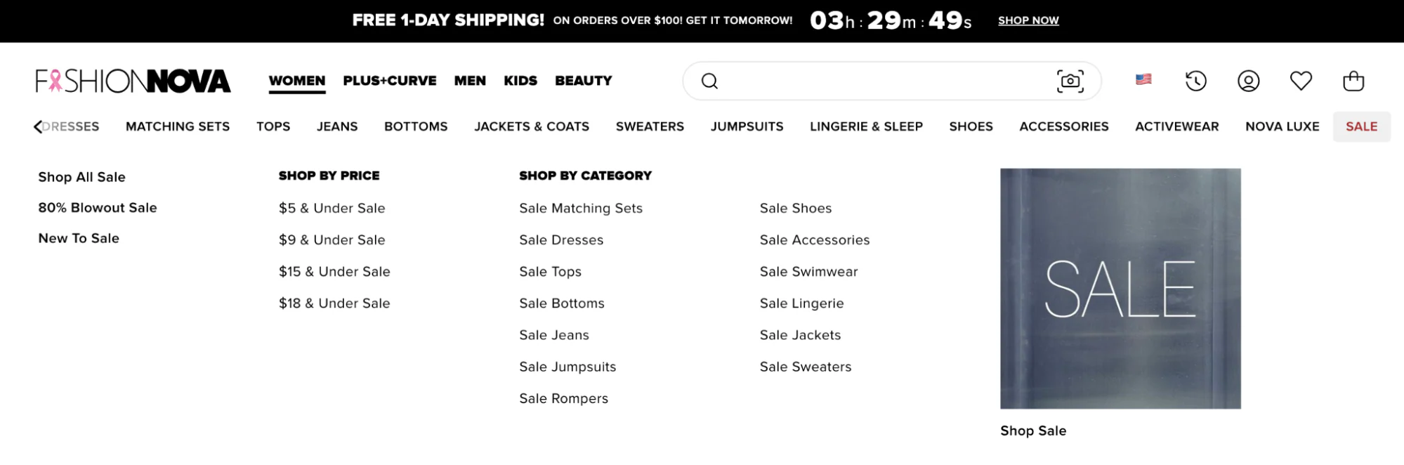 fashion nova ecommerce navigation showing by price and category