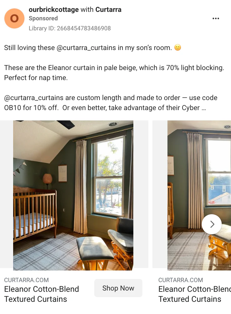 Meta carousel ad featuring a green child’s room with a window and long curtains.