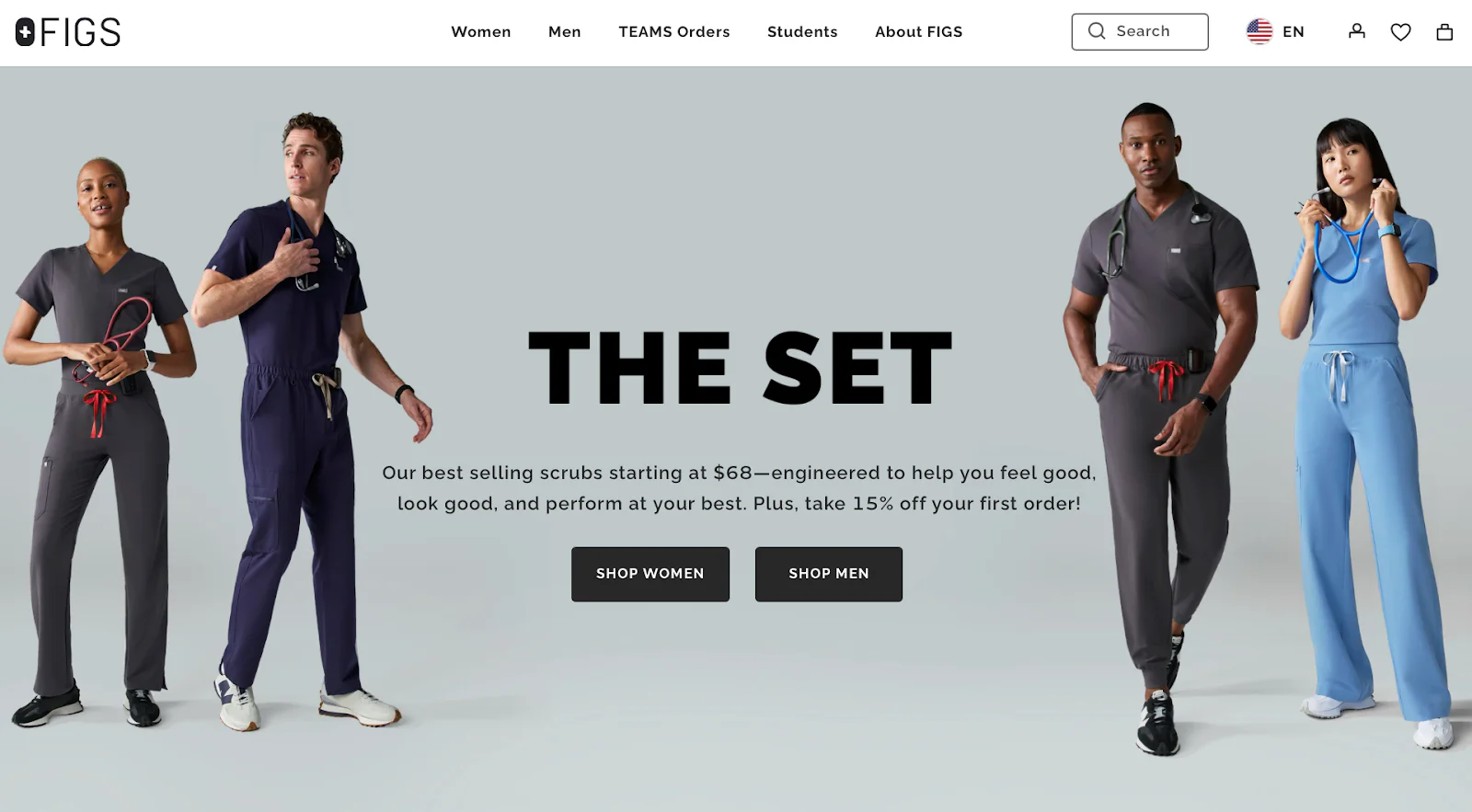 An image of four healthcare workers wearing Figs scrubs.