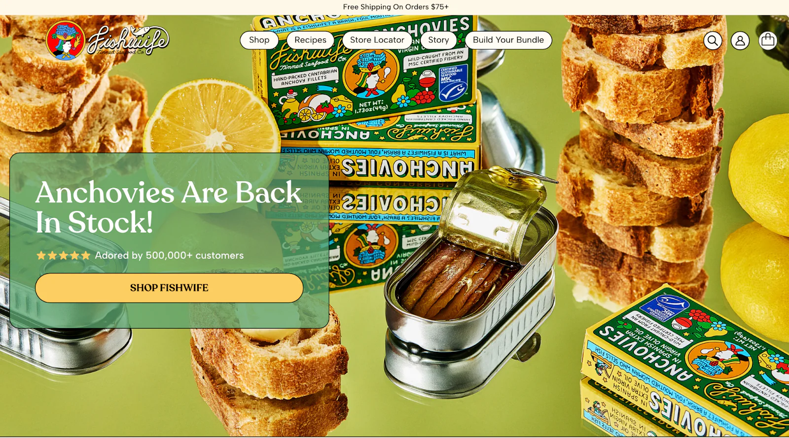 A product page for tinned fish company Fishwife features marinated anchovies.