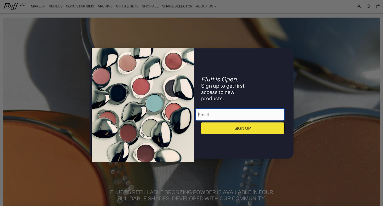 Cosmetics brand Fluff’s pop-up email sign-up form on their website.