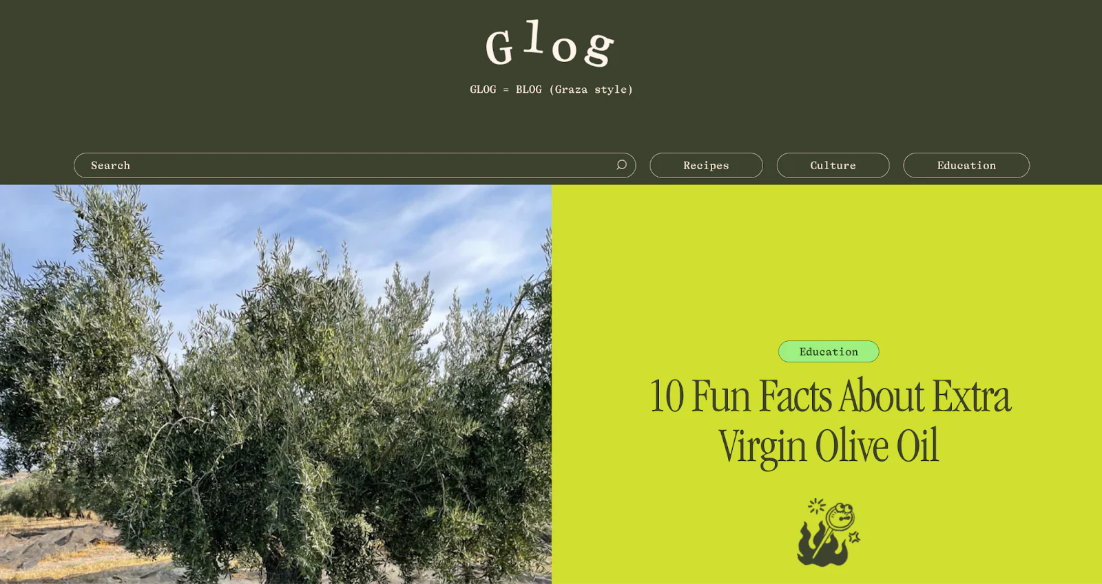 Graza blog homepage with a featured article about olive oil and a photo of an olive grove.