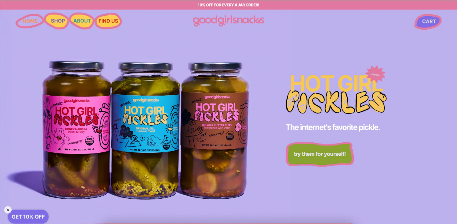 Good Girl Snacks’ homepage showcases its three signature flavors of pickles.