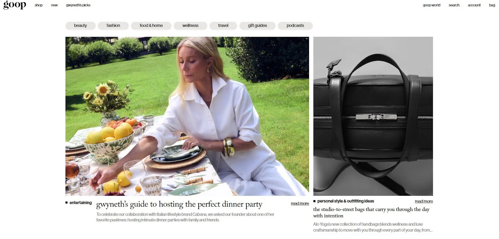 Goop blog highlights blog topic navigation buttons and thumbnails of two featured articles.