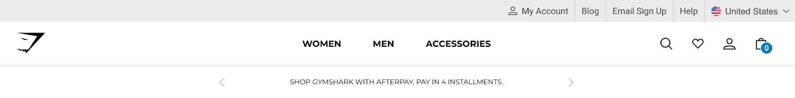 gymshark navigation bar showing women men and accessories