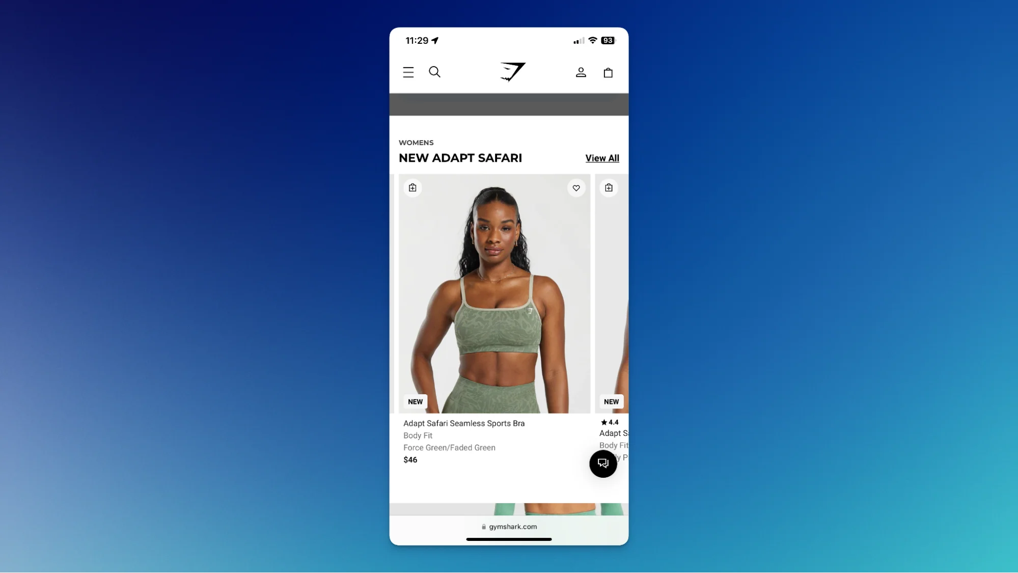 The mobile view on Gymshark's website on blue background