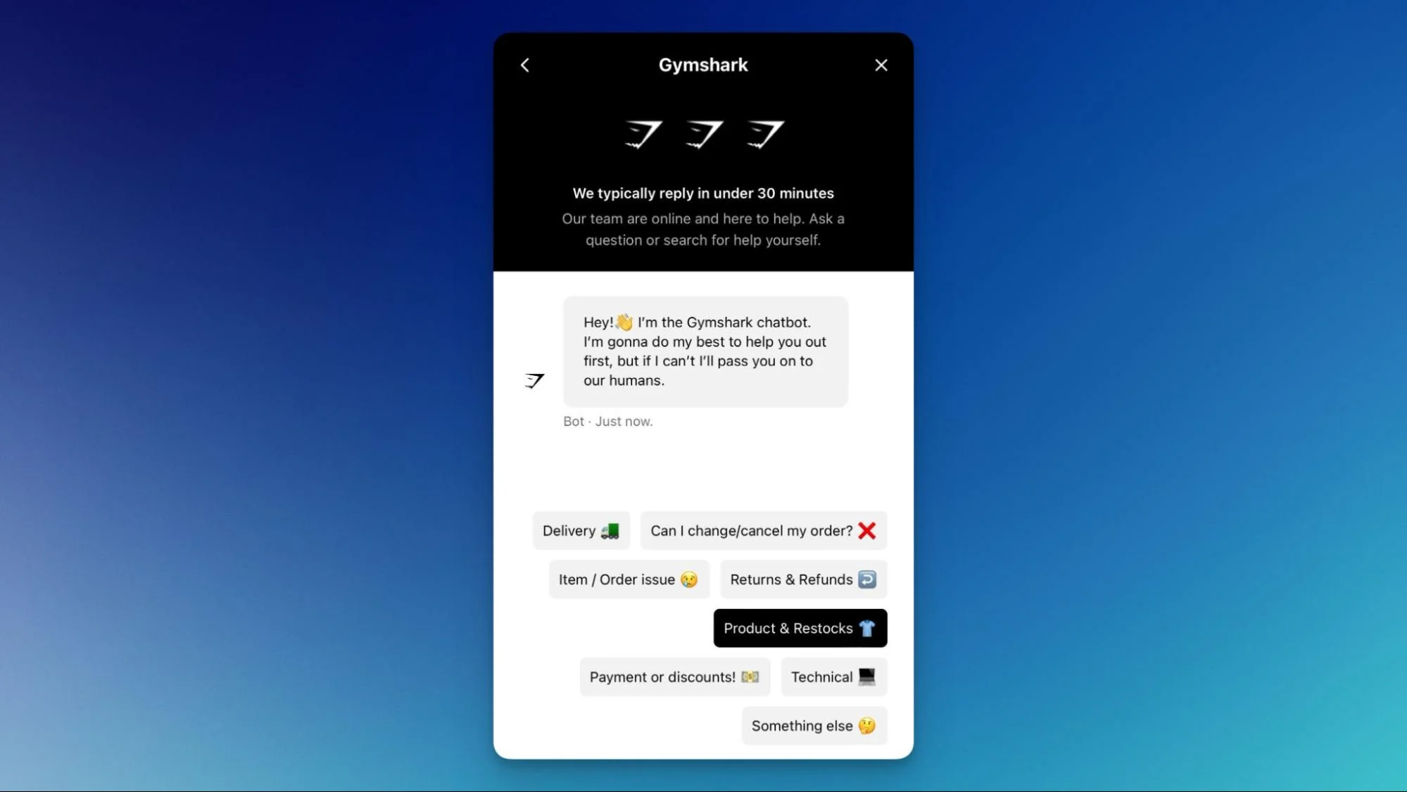 Image of Gymshark's website chatbot in action