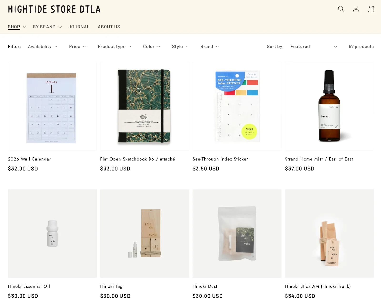 A webpage for Hightide stationery store paper goods and Japanese oil products.
