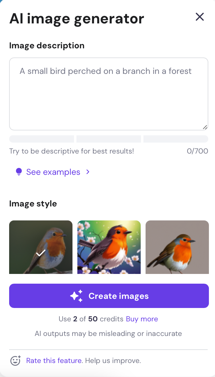 Screenshot of Hostinger AI image generator for All About Cookies test website