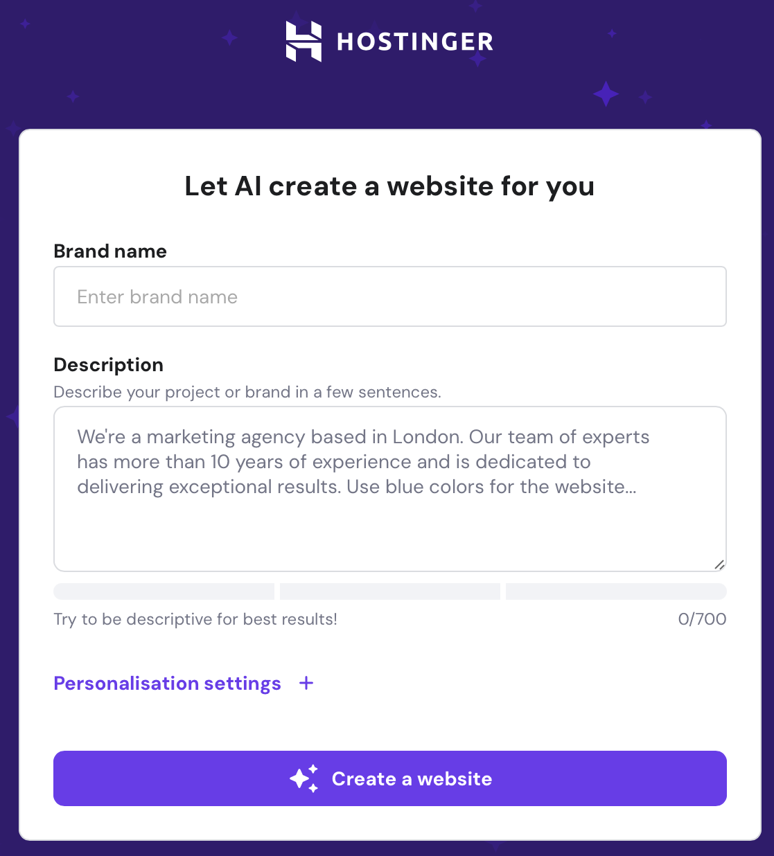 Hostinger AI setup for All About Cookies test website for Hostinger review