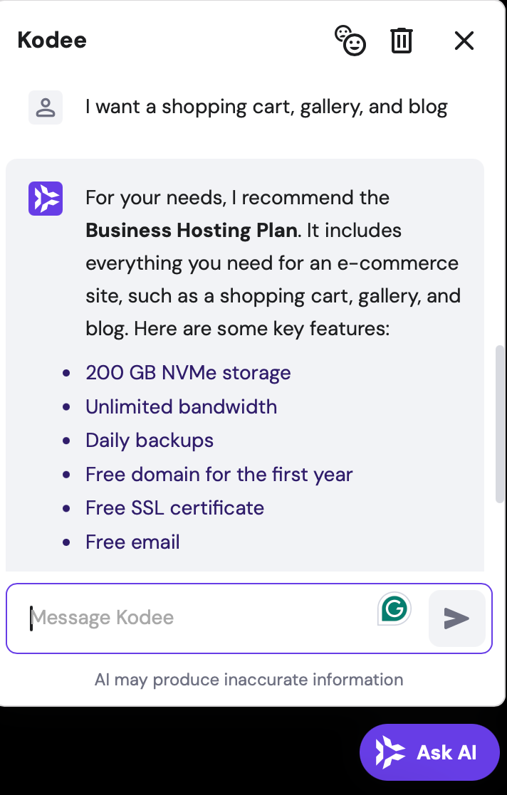 Hostinger AI recommends a plan for All About Cookies test website based on our specifications