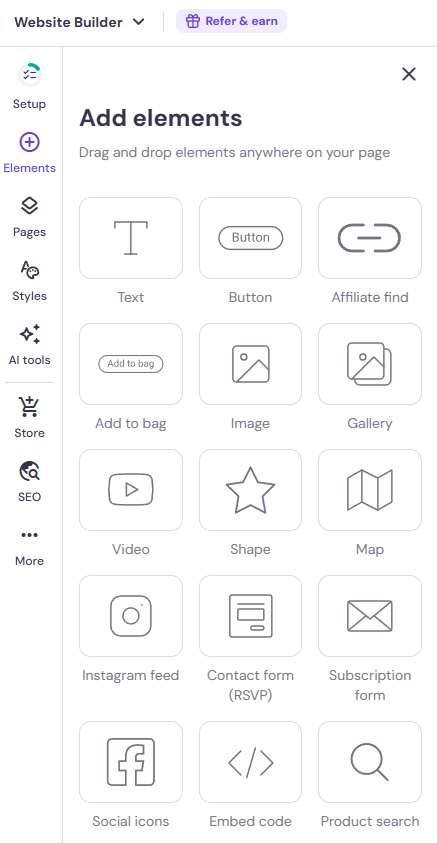 List of elements you can add to Hostinger's AI web builder sites