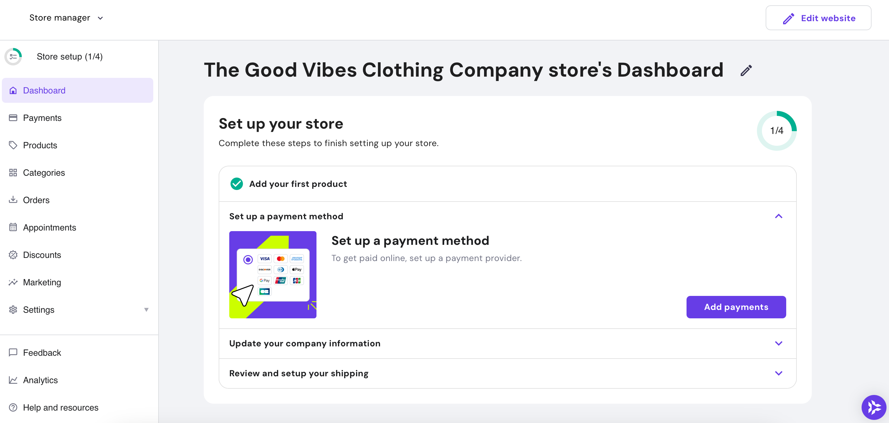 Screenshot of Hostinger eCommerce dashboard for All About Cookies test website