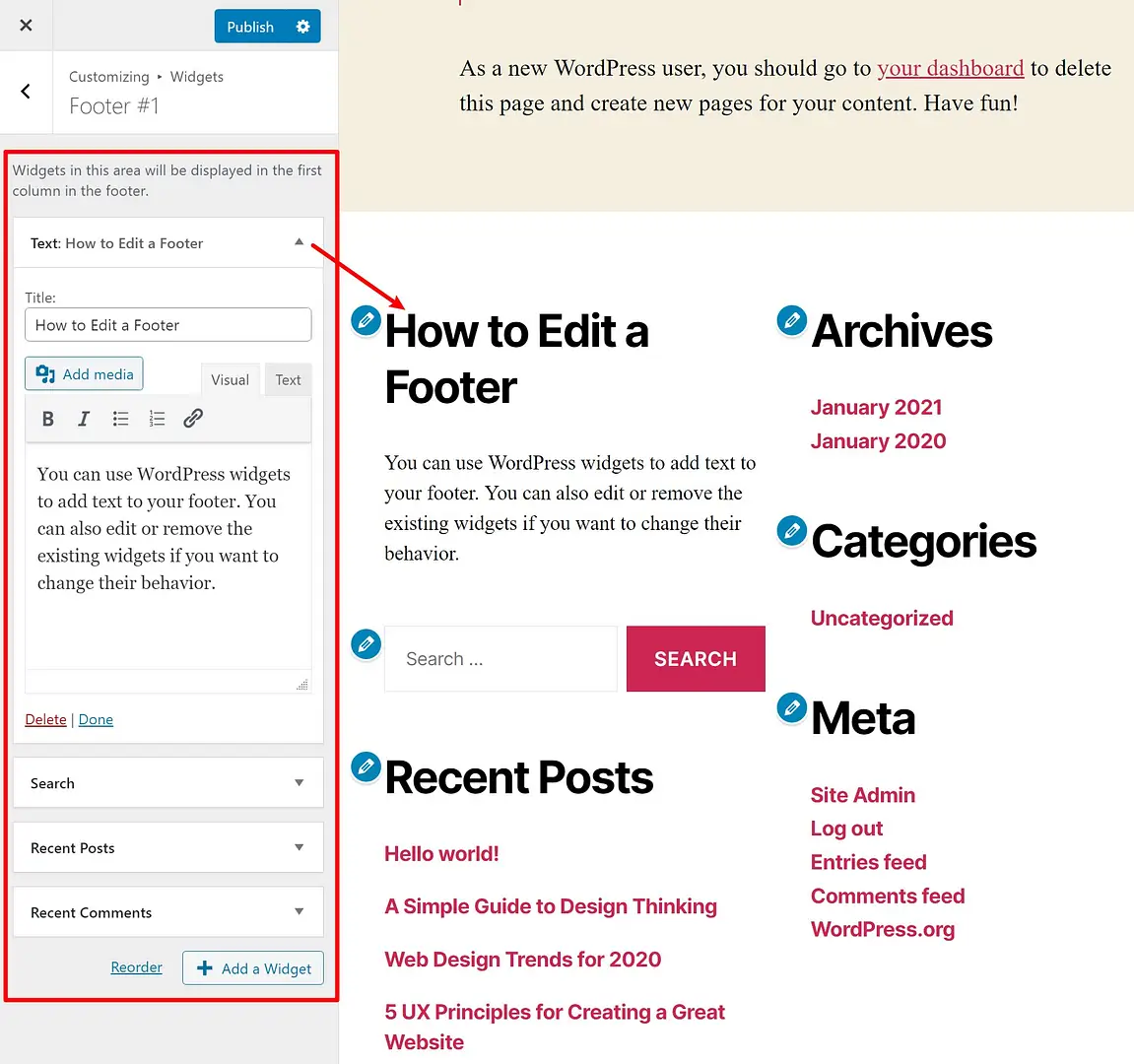 How to edit a footer in WordPress with widgets