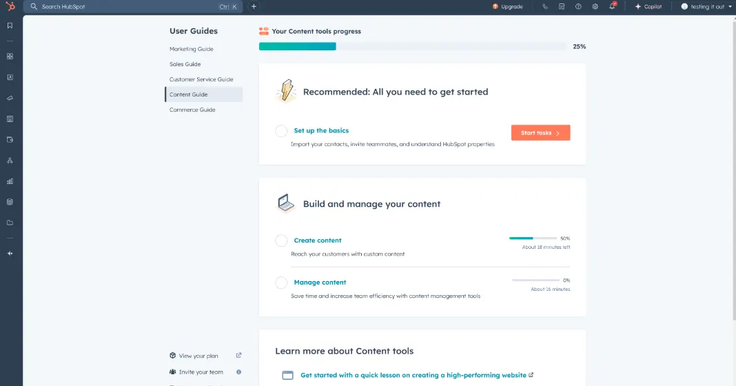 HubSpot CMS content management dashboard screen.