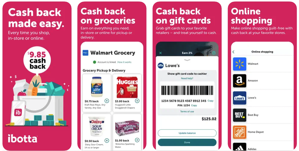 Four screenshots of the Ibotta app from the App Store.