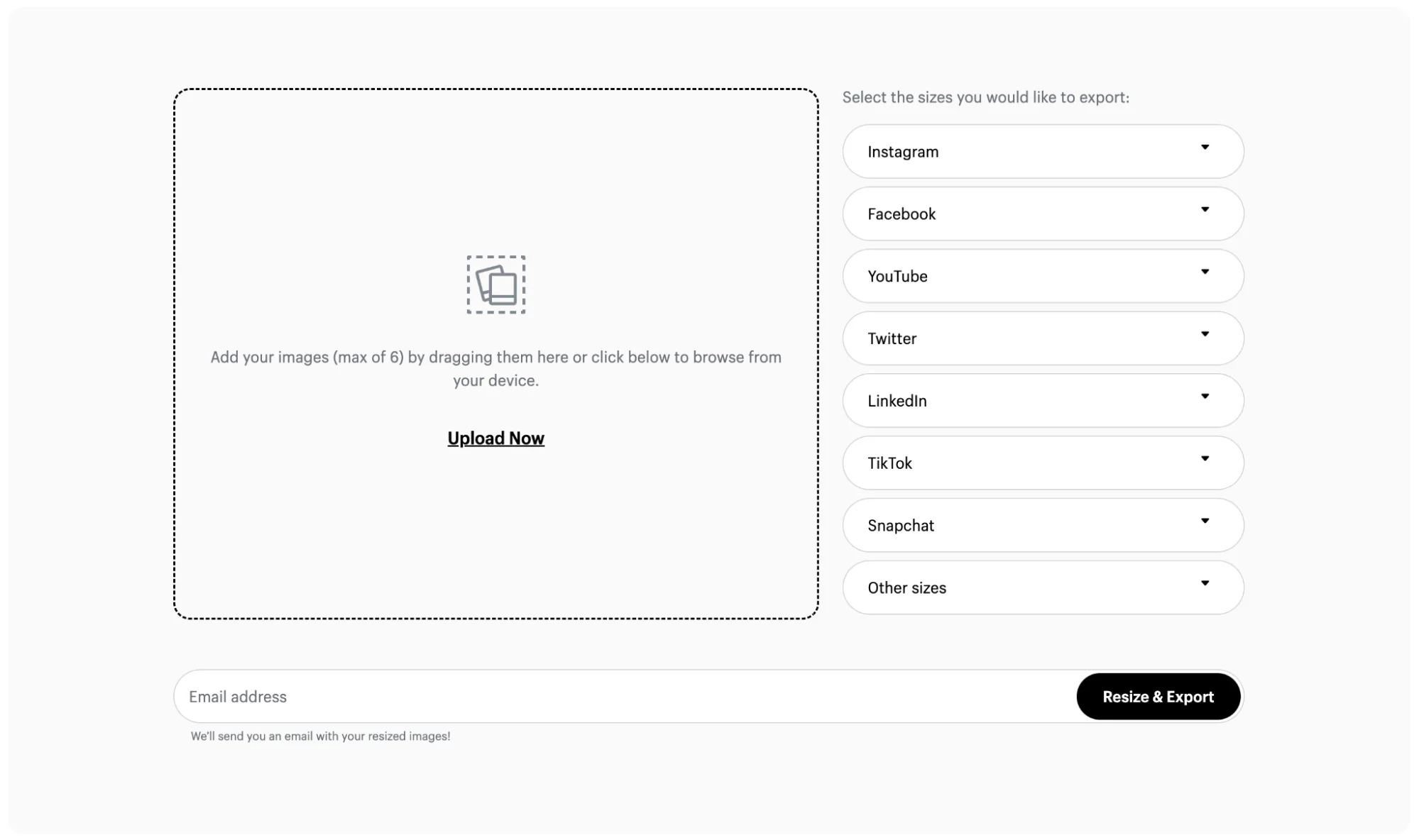 Image upload screen for Shopify's free image resizing tool.