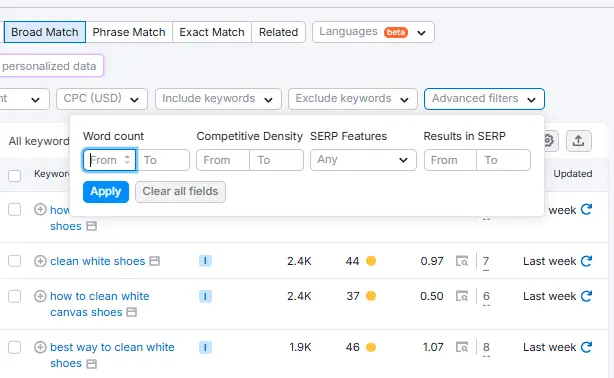 Advanced filters Semrush