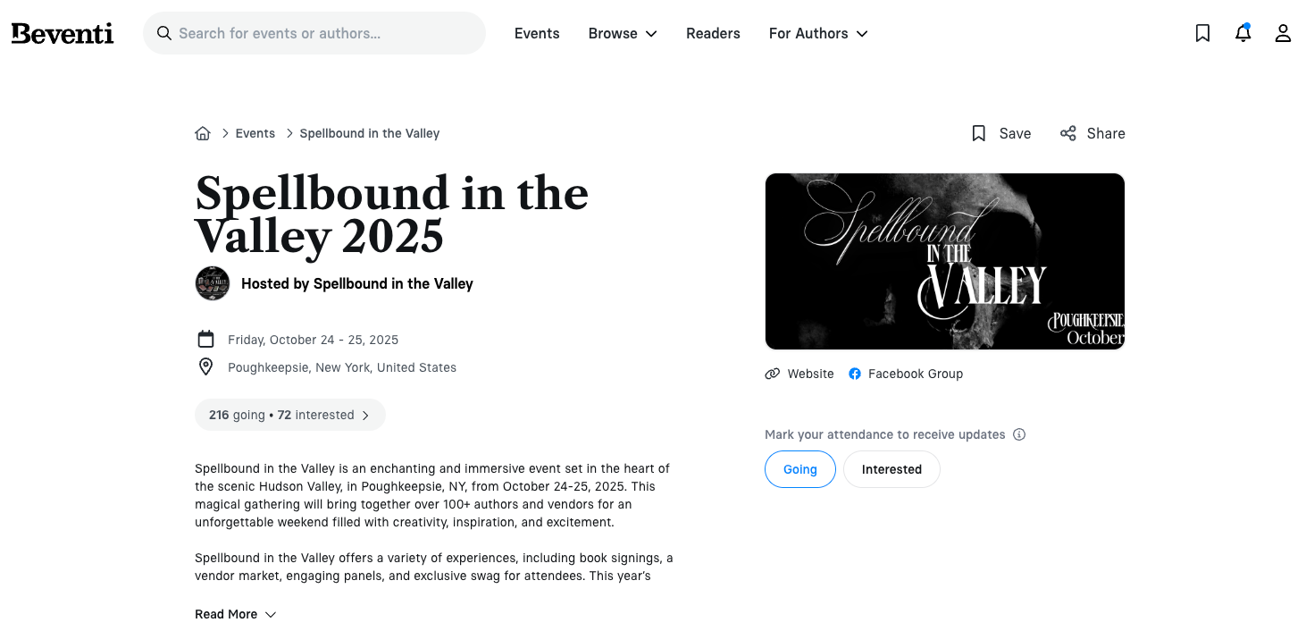 Screenshot of the Beventi event page for "Spellbound in the Valley 2025," taking place October 24–25 in Poughkeepsie, NY. The listing includes the event logo, description, attendance count, and buttons to mark interest or RSVP.