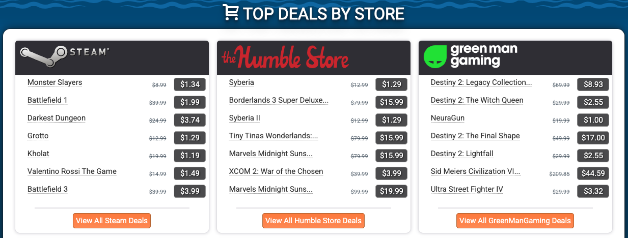 Three stores on the CheapShark website showing you discounts