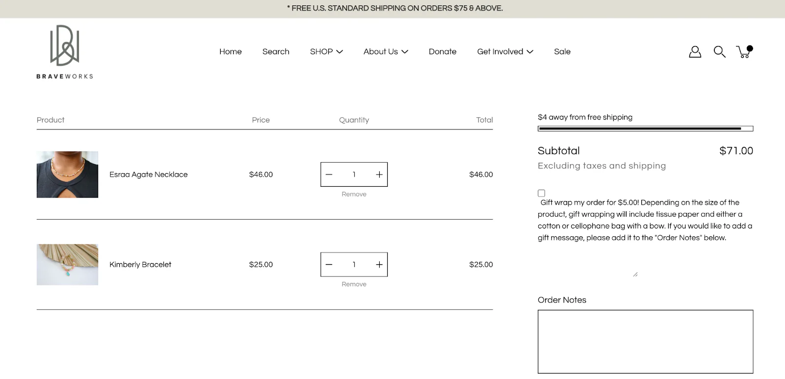 BraveWorks' cart's screenshot.