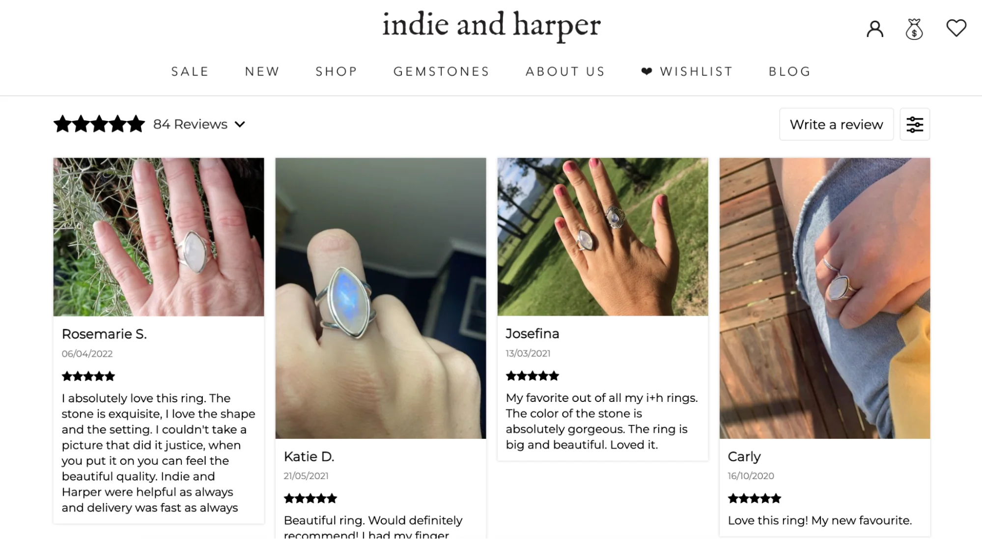 Indie and Harper’s review page showing four images of hands and their accompanying star ratings and customer reviews.