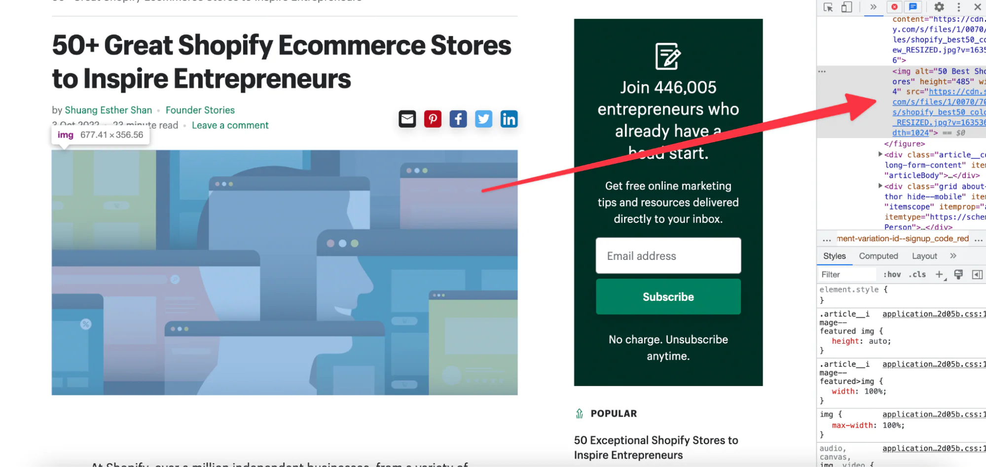The Inspect tab of a browser, showing a webpage's HTML code and information about images.