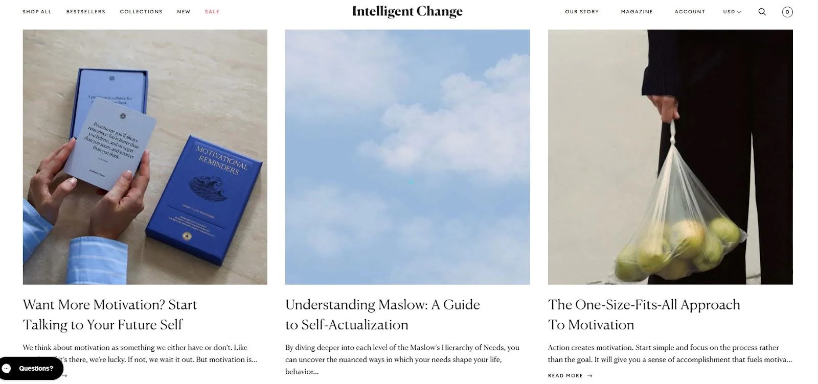 Intelligent Change blog homepage shows three thumbnails, headlines, and brief post descriptions.