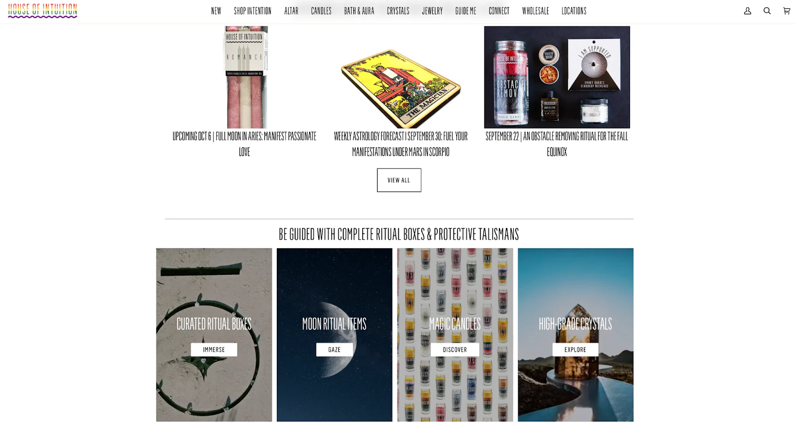 The new product and category menu for new-age supply store House of Intuition.