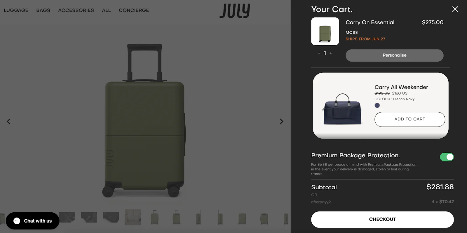 July's shopping cart's screenshot.