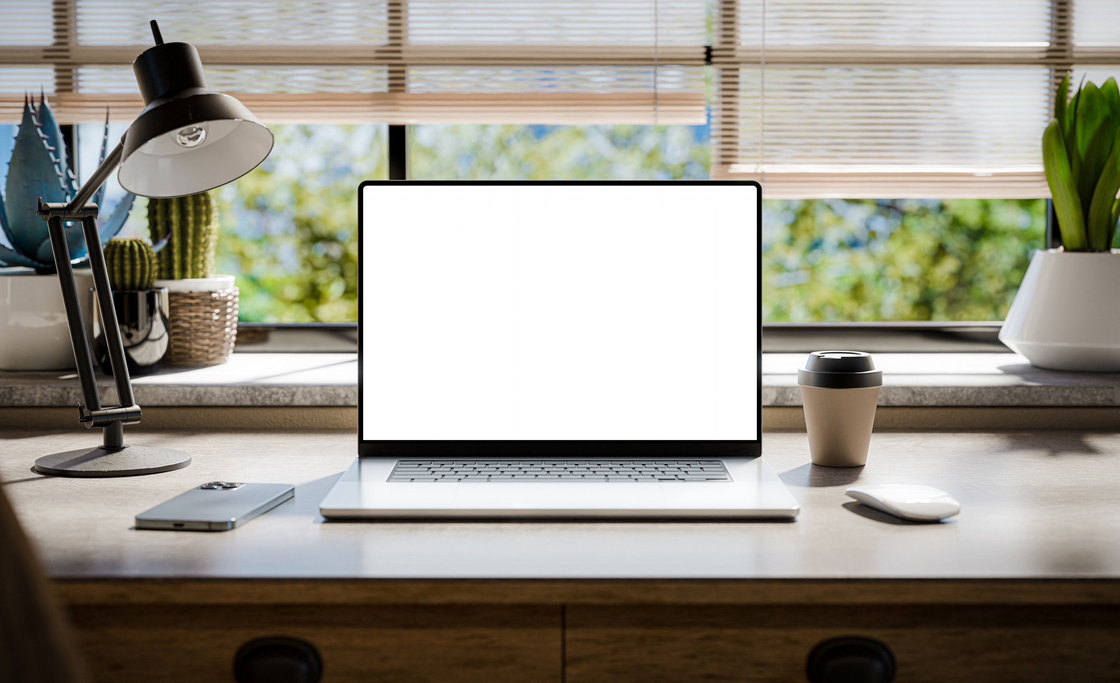 laptop with blank screen on a desk with a plant and coffee cup