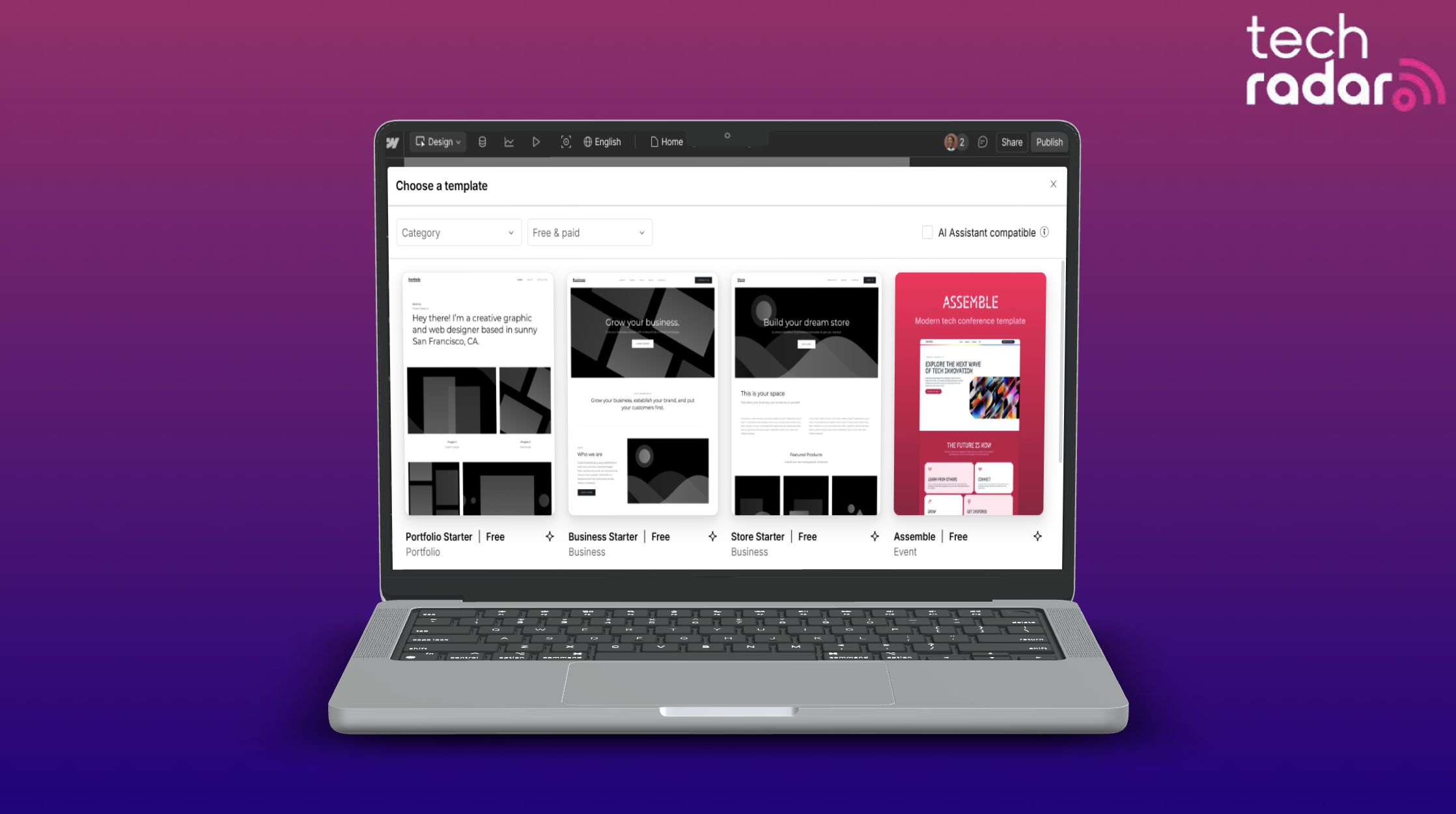 Webflow free website builder being used on a mac laptop screen with a blue and pink background