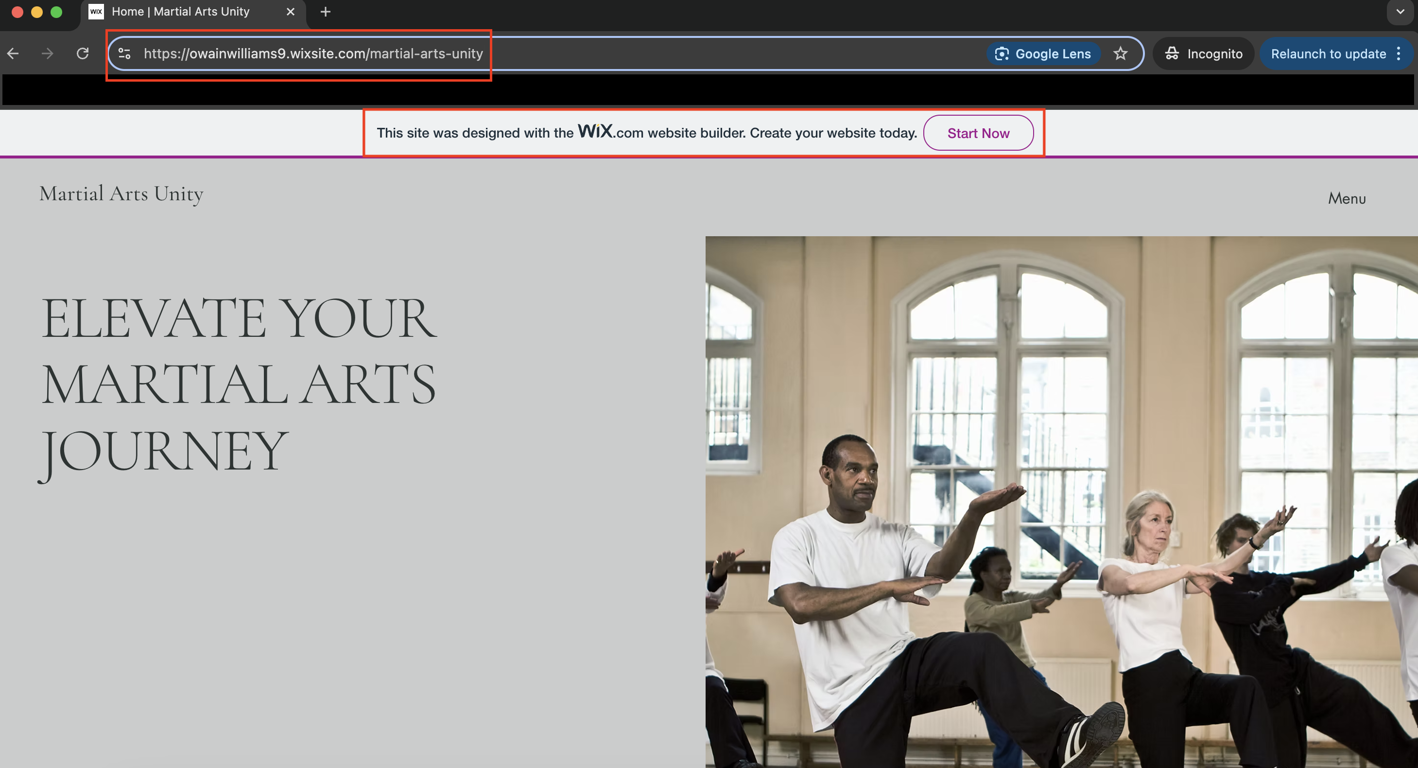 screenshot of free website created using Wix it has a grey background with people doing martial arts on it