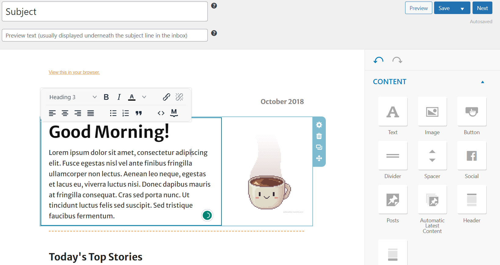 The MailPoet email campaign editor.
