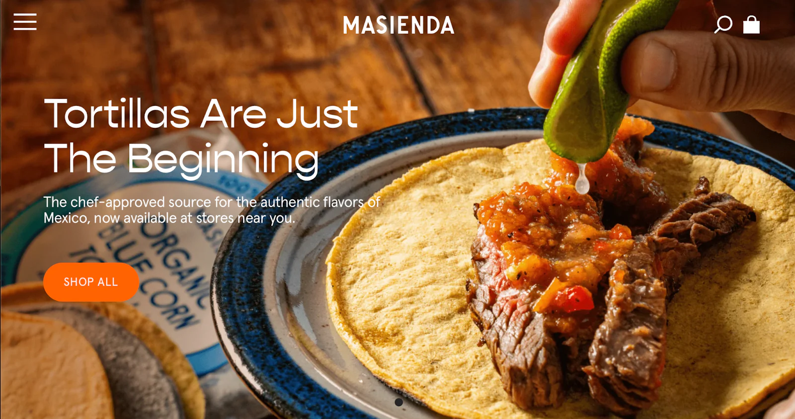 The Masienda homepage features an image of a taco and the text “Tortillas are just the beginning.”