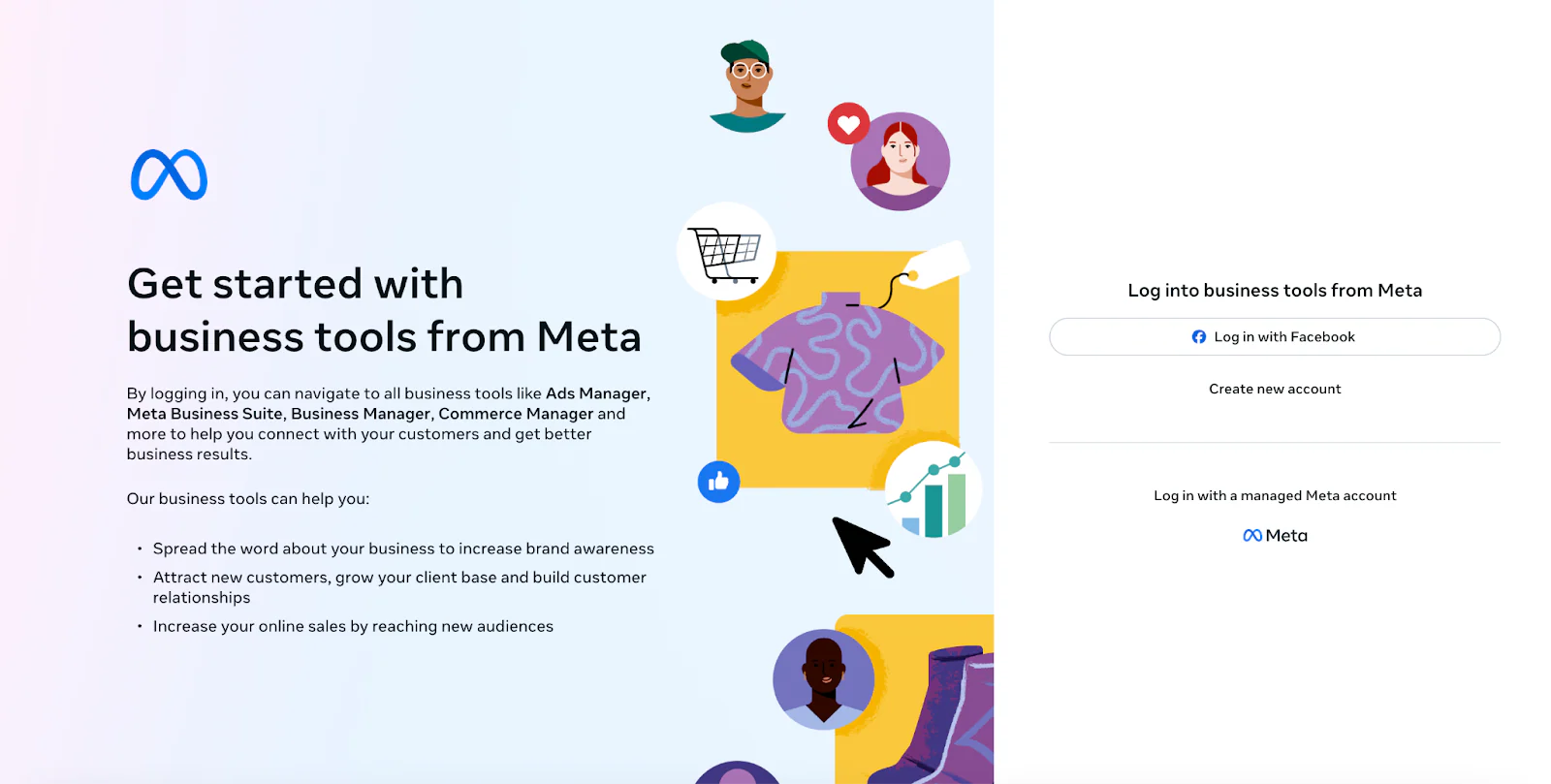Business tools from Meta login page.