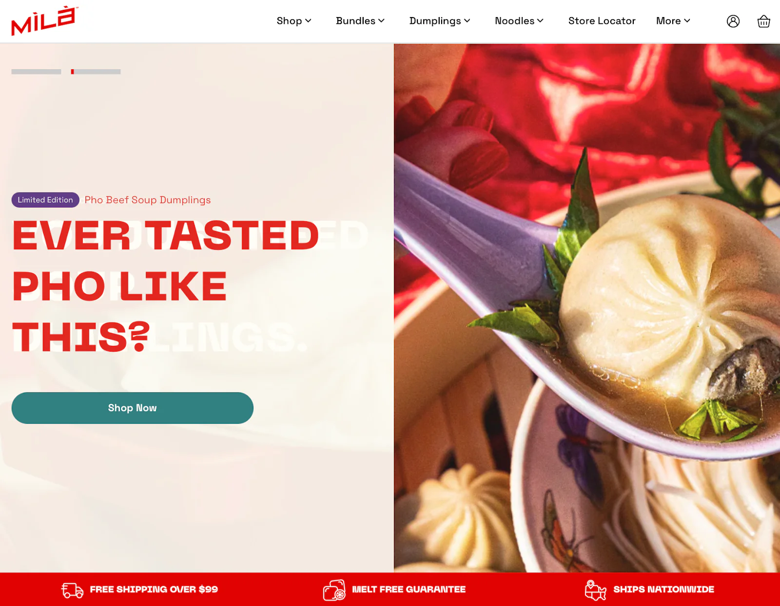 Homepage for MìLà with a photo of pho beef soup dumplings.
