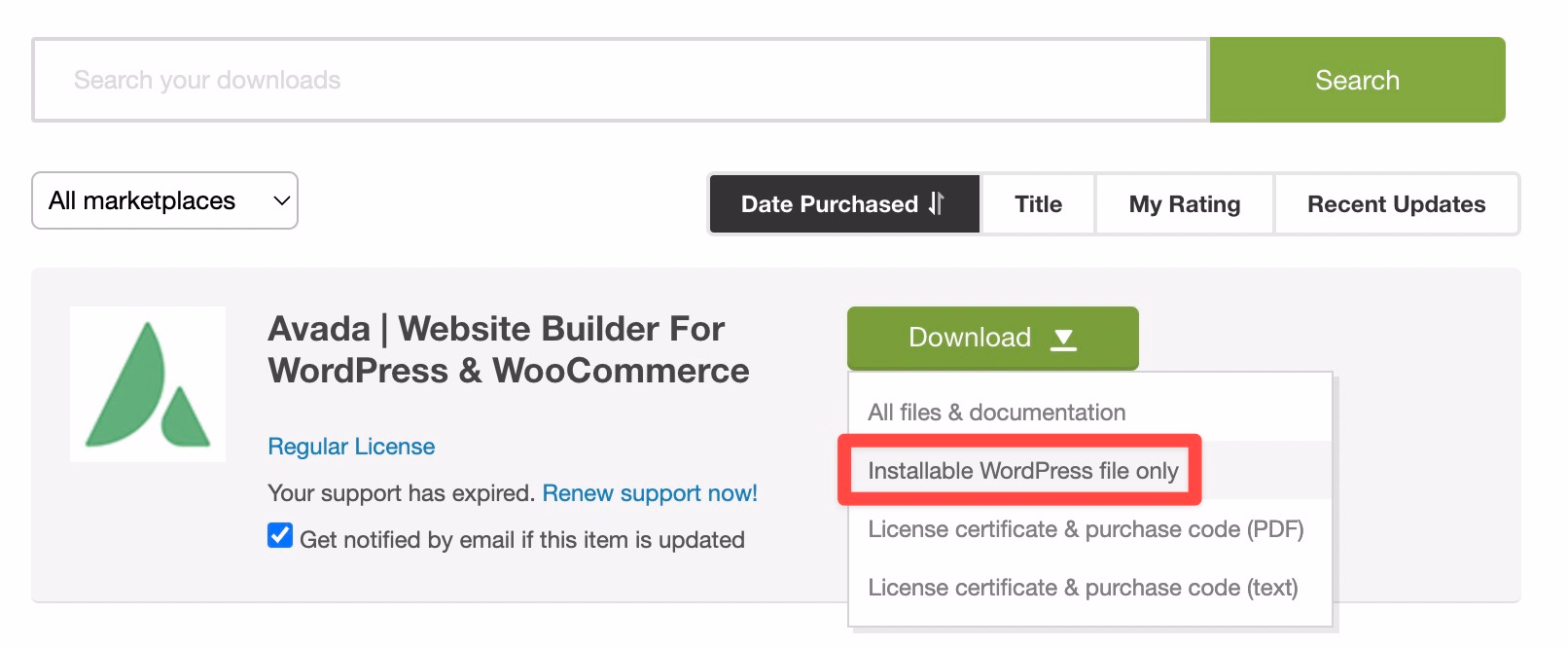 How to download just the theme file from ThemeForest