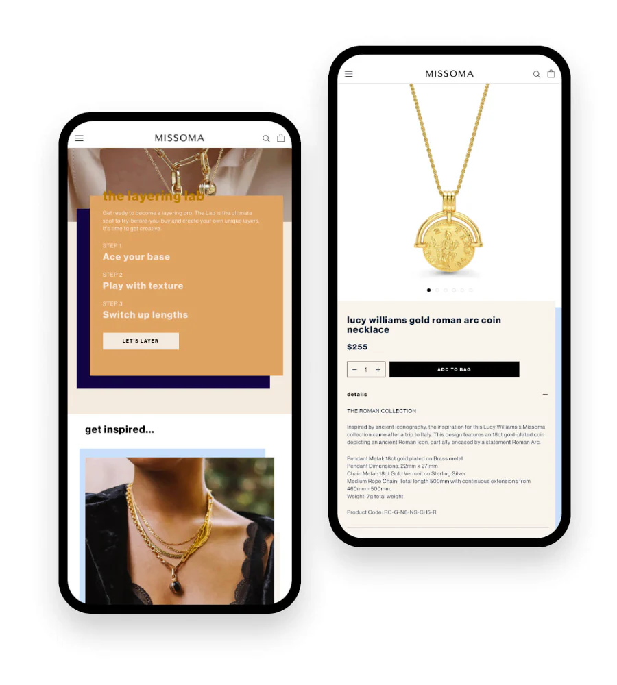 missoma mobile view of shopping experience