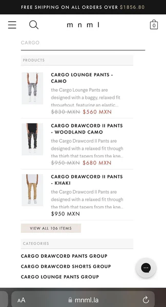 mnml mobile view of product search