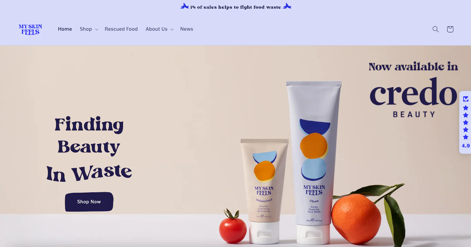 My Skin Feels homepage with the tagline Finding Beauty In Waste.