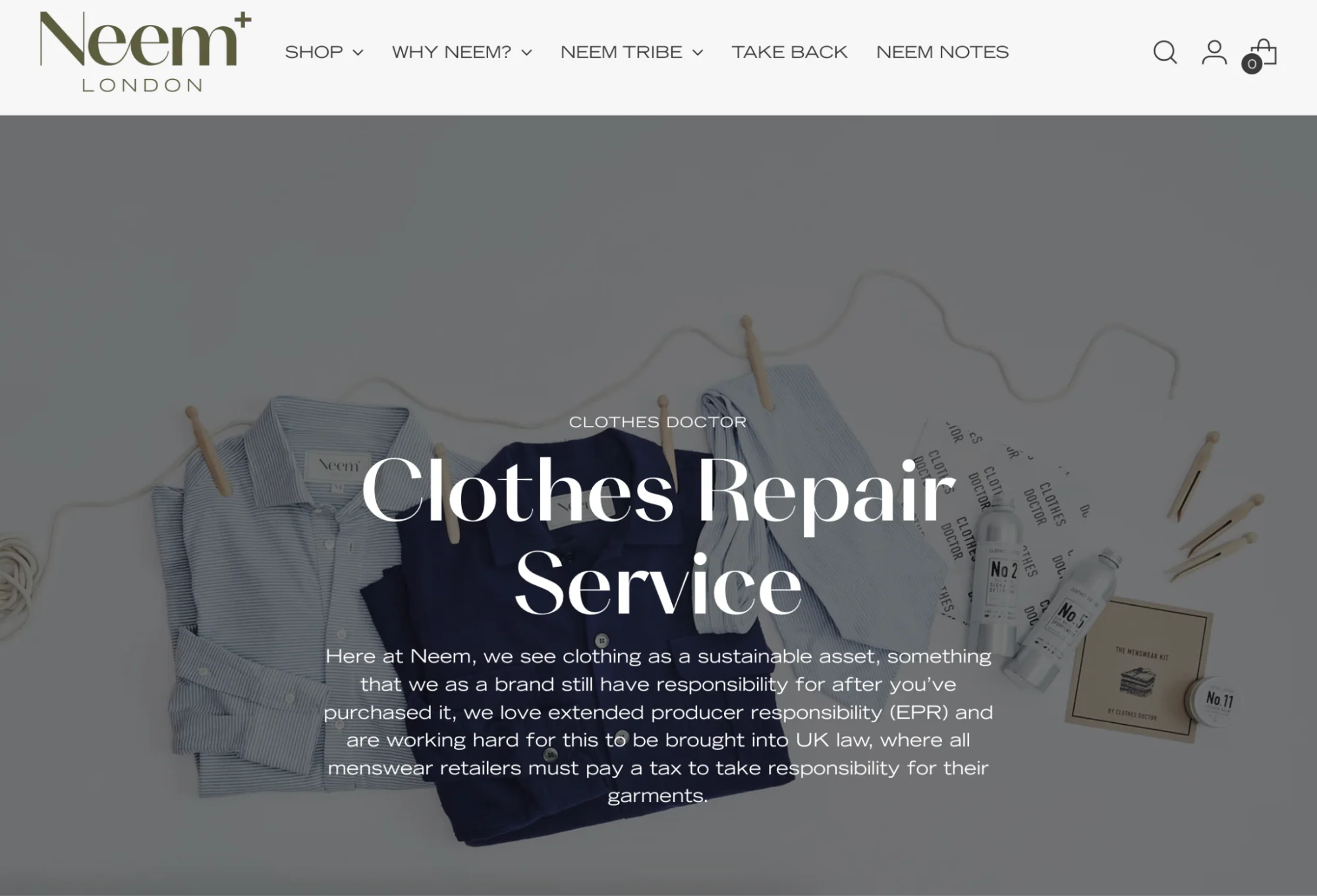 NEEM london homepage showing clothes doctor service