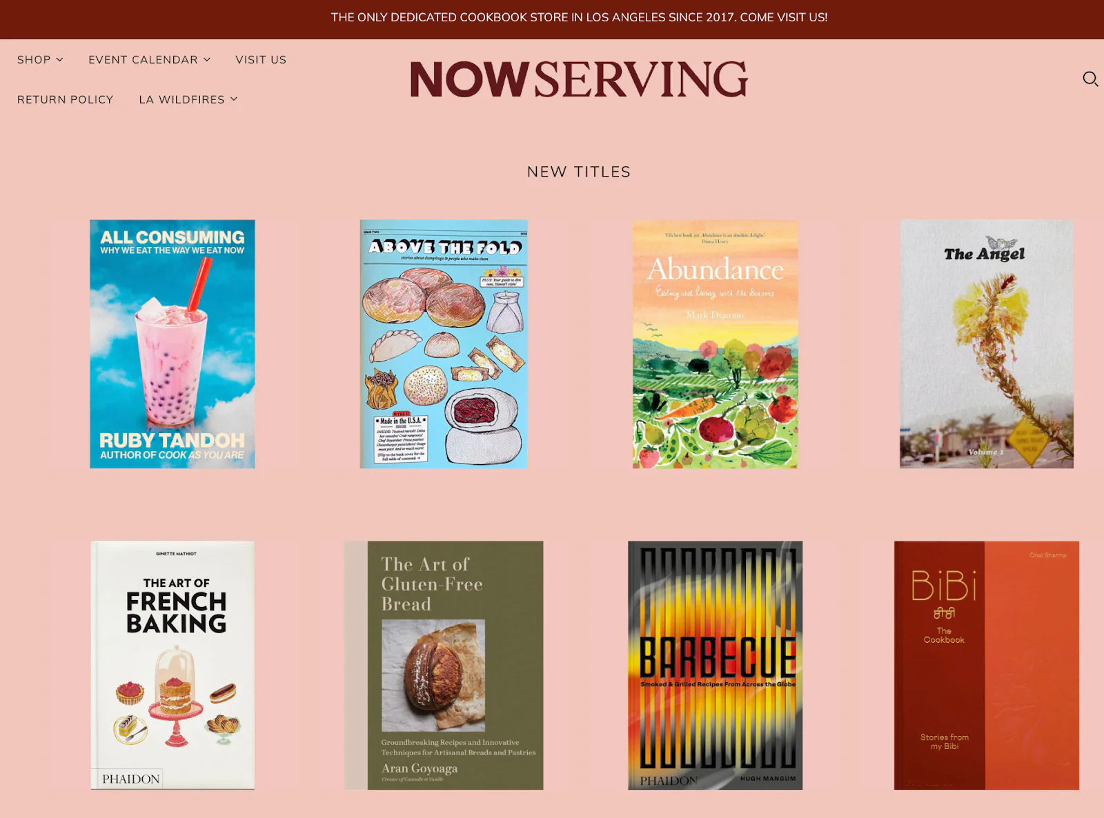 Homepage for Now Serving featuring the newest cookbooks available from the store.