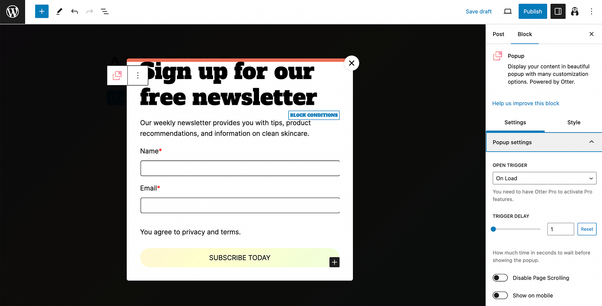 Editing your popup settings.