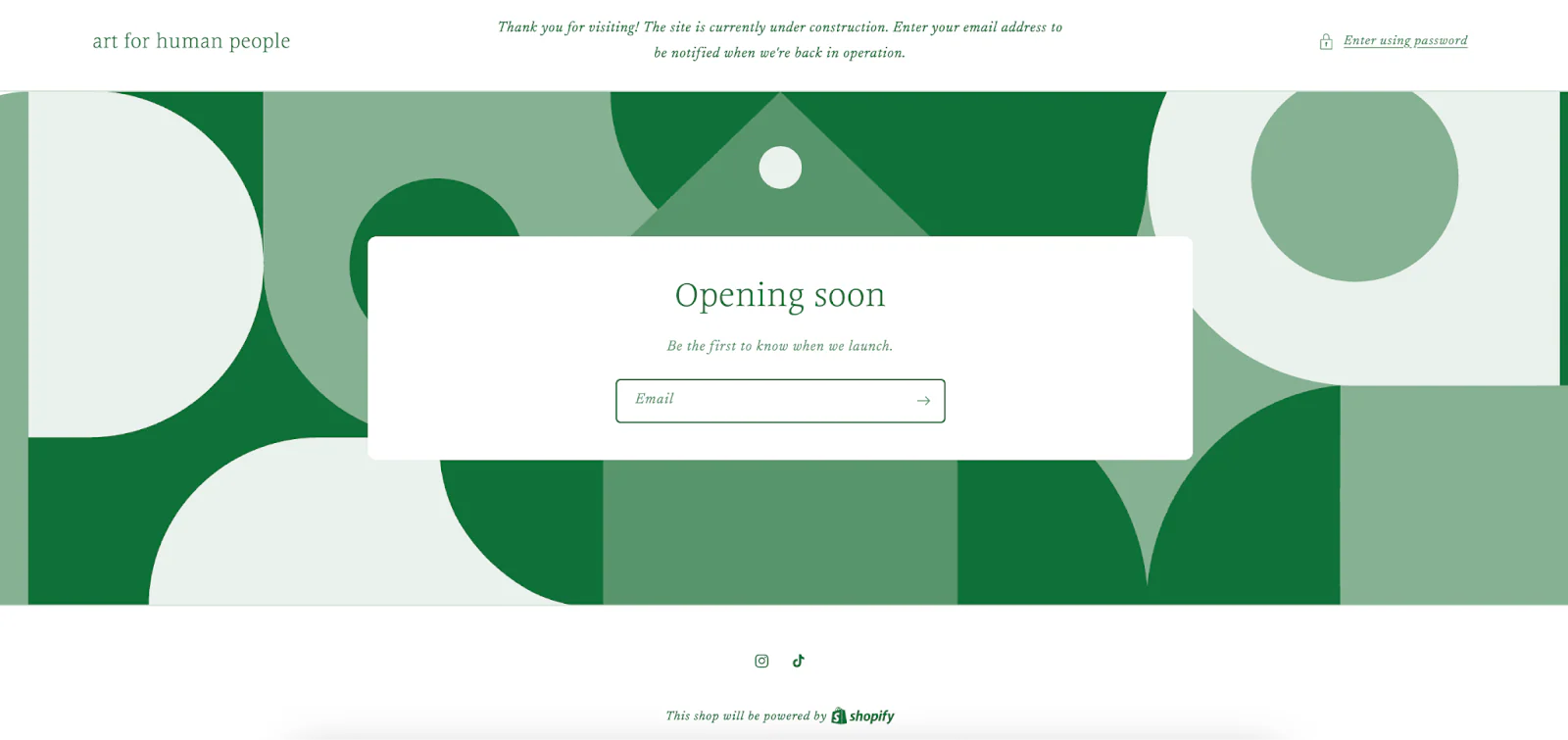 opening soon page on a Shopify website under construction