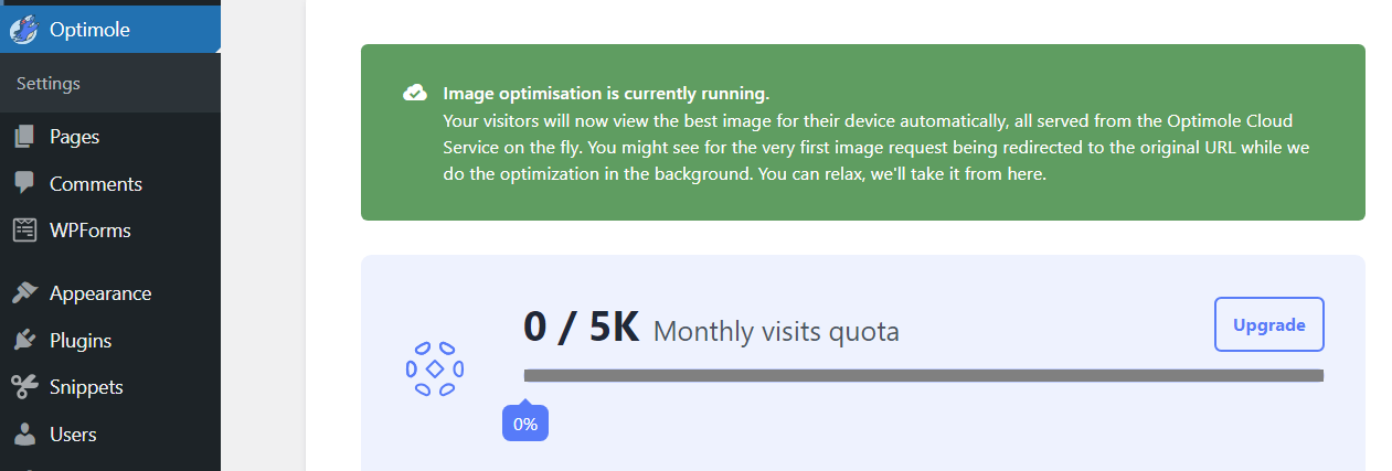 The Optimole dashboard