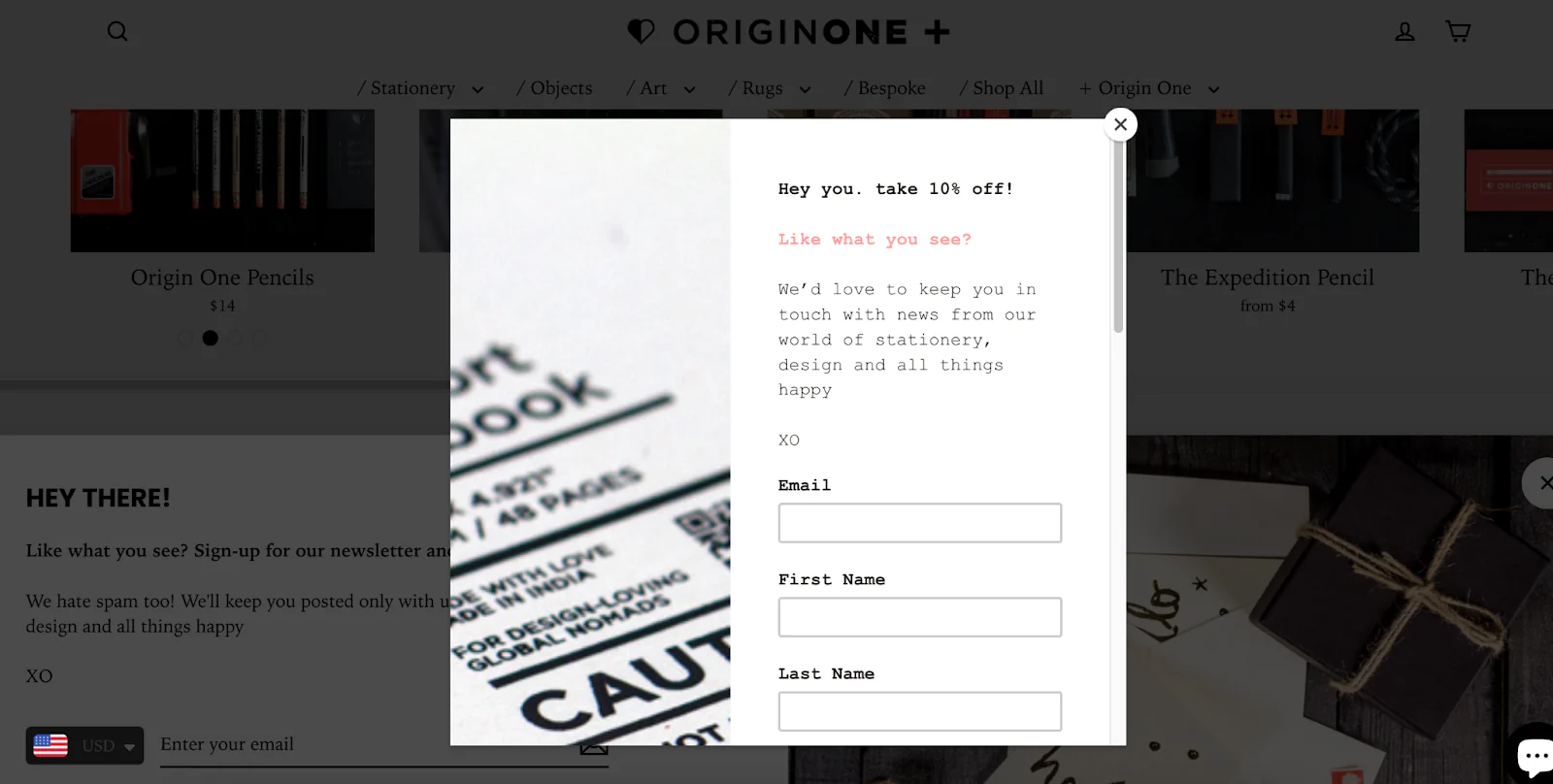 Origin One's homepage popup's screenshot.