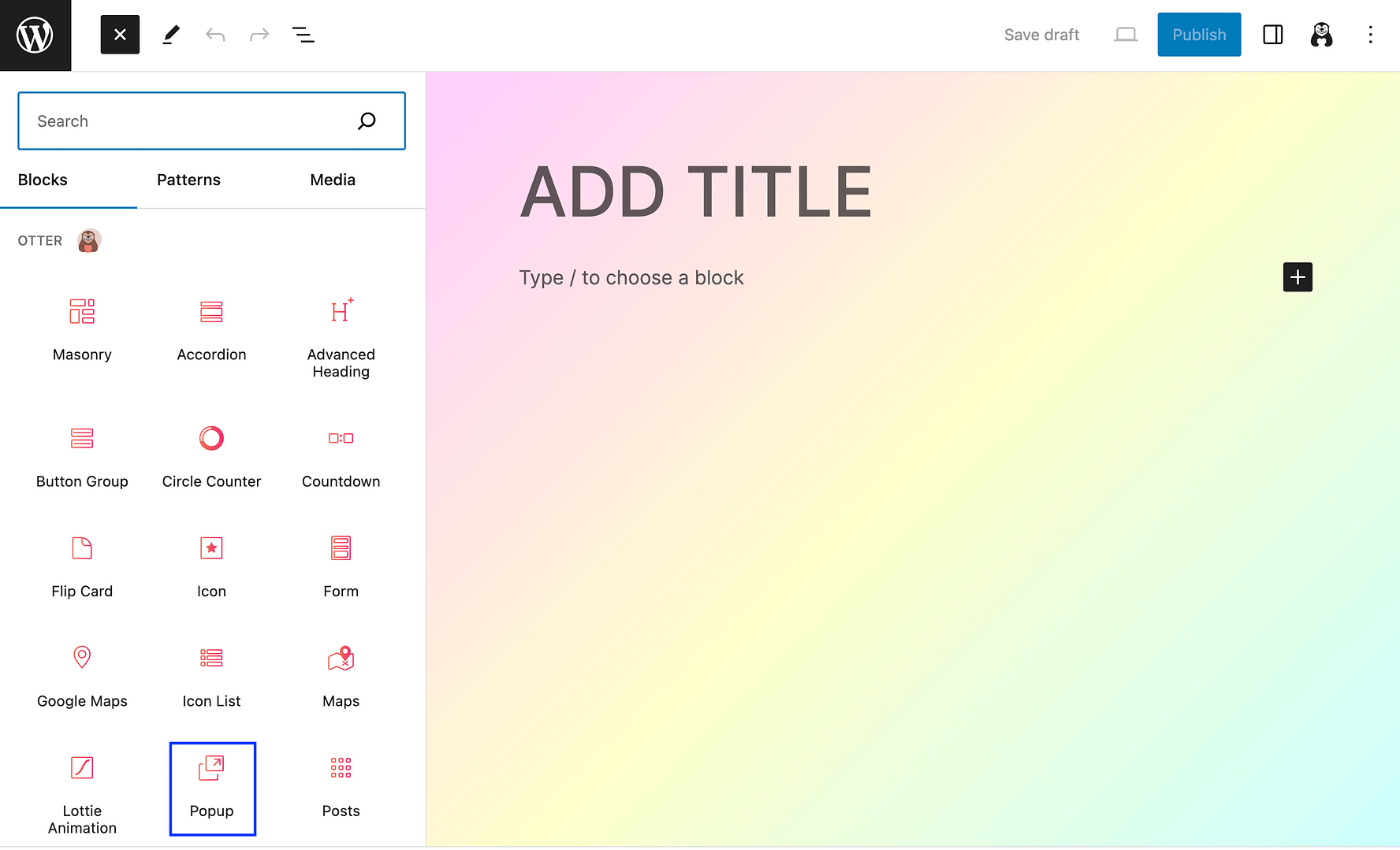 Otter Blocks options in the Block Editor.